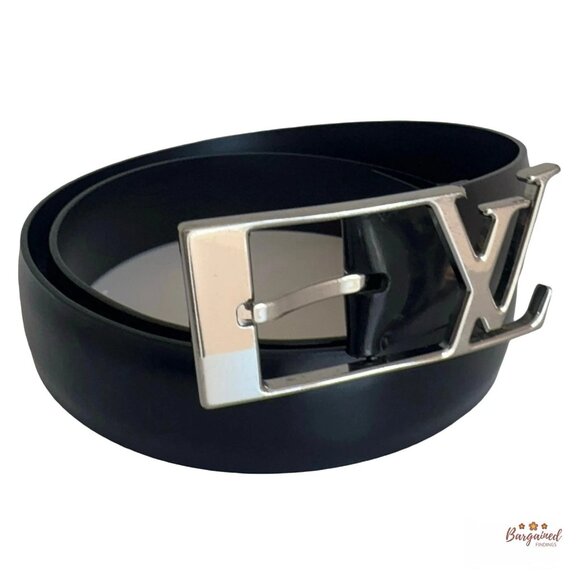 Authentic Louis Vuitton Black Leather Silver LV Initials Belt 90/36 - Picture 1 of 16